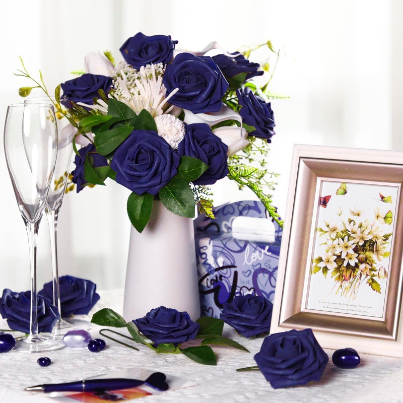 Luinabio 100 Pieces Artificial Rose Flowers Navy Blue Flower Faux Rose Bouquet with Leaves and Stems for Wedding Bridal Shower Party Valentine's Day Home Decorations - Image 3