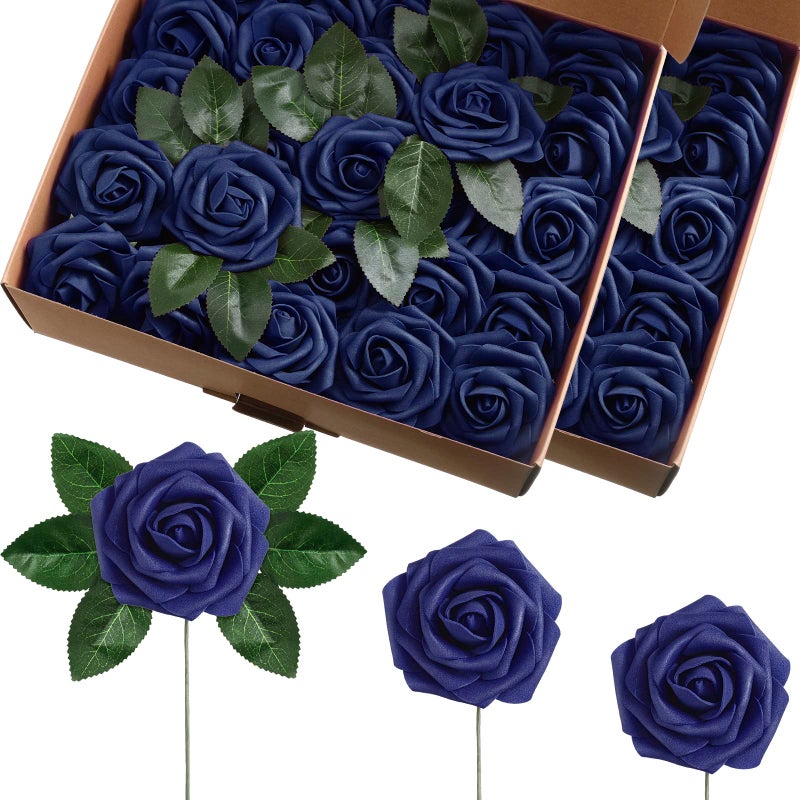 Luinabio 100 Pieces Artificial Rose Flowers Navy Blue Flower Faux Rose Bouquet with Leaves and Stems for Wedding Bridal Shower Party Valentine's Day Home Decorations - Image 1