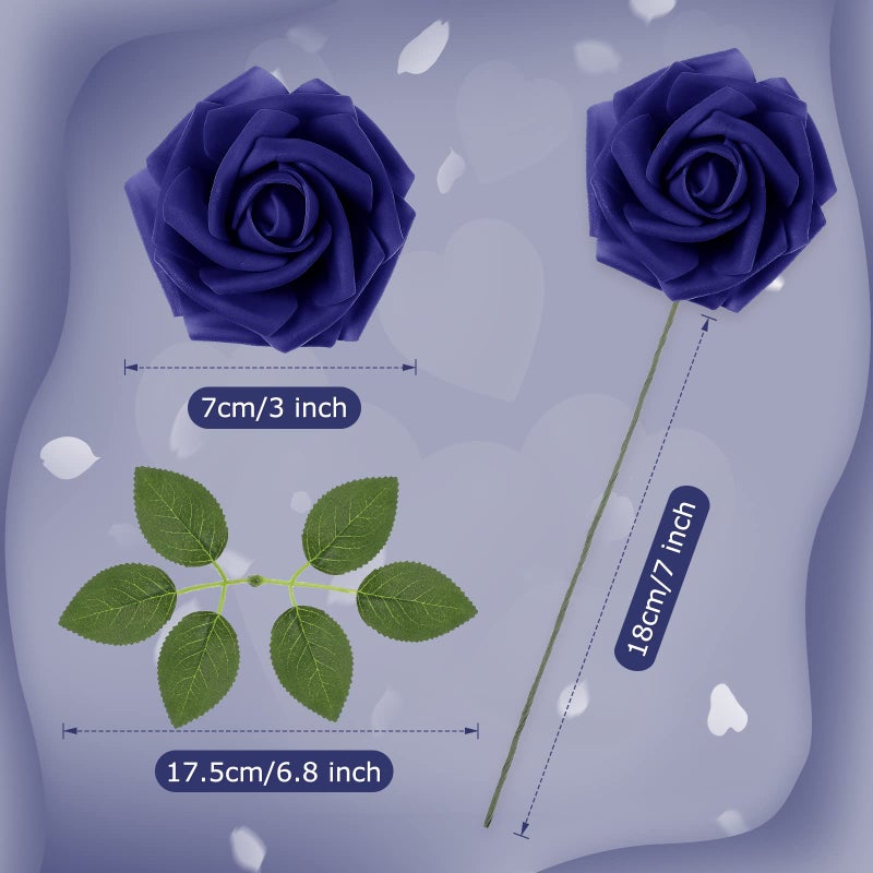 Luinabio 100 Pieces Artificial Rose Flowers Navy Blue Flower Faux Rose Bouquet with Leaves and Stems for Wedding Bridal Shower Party Valentine's Day Home Decorations - Image 2