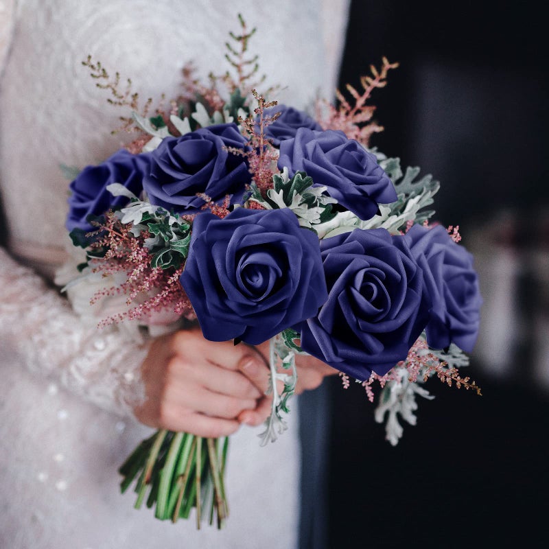 Luinabio 100 Pieces Artificial Rose Flowers Navy Blue Flower Faux Rose Bouquet with Leaves and Stems for Wedding Bridal Shower Party Valentine's Day Home Decorations - Image 5