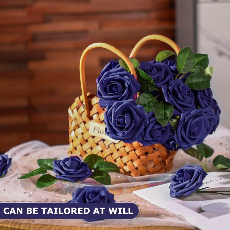 Luinabio 100 Pieces Artificial Rose Flowers Navy Blue Flower Faux Rose Bouquet with Leaves and Stems for Wedding Bridal Shower Party Valentine's Day Home Decorations - Image 4