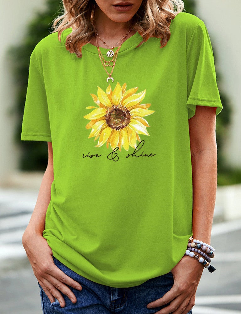 wish independent station sunflower letter pattern printed short sleeve t-shirt women - Image 5
