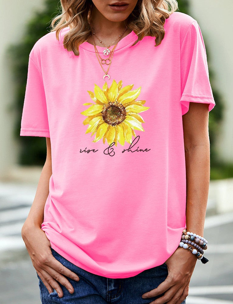 wish independent station sunflower letter pattern printed short sleeve t-shirt women - Image 1