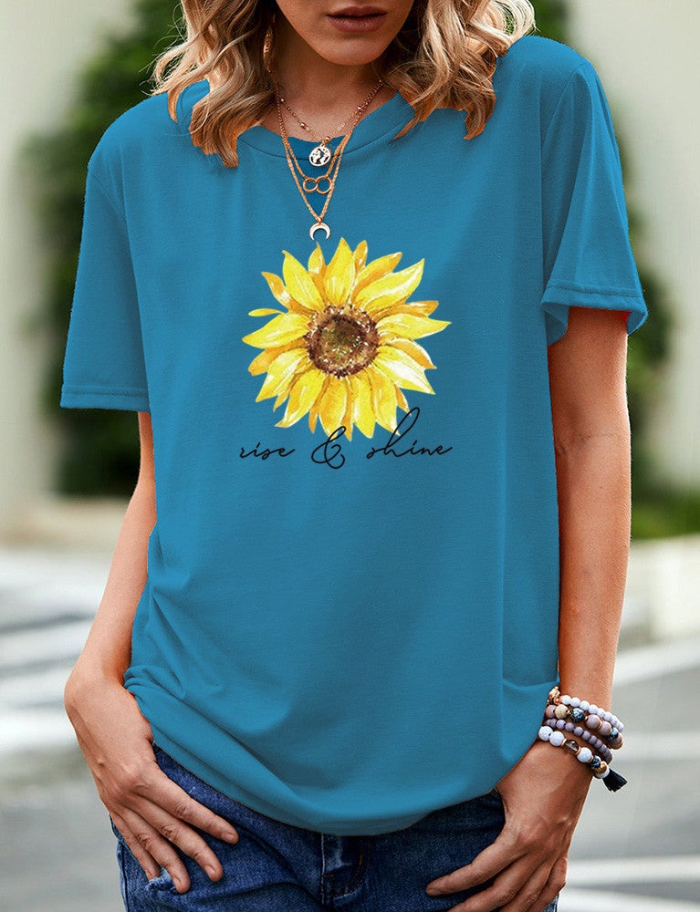 wish independent station sunflower letter pattern printed short sleeve t-shirt women - Image 4
