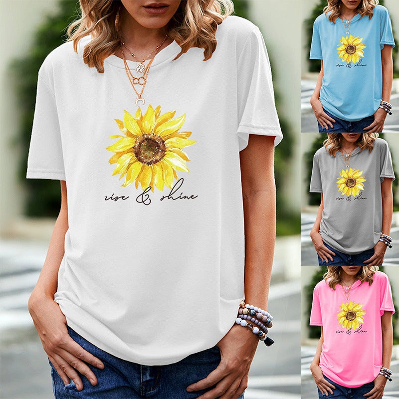 wish independent station sunflower letter pattern printed short sleeve t-shirt women - Image 2