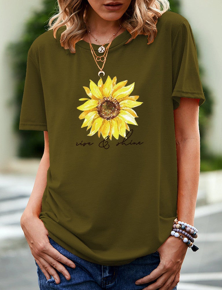 wish independent station sunflower letter pattern printed short sleeve t-shirt women - Image 3