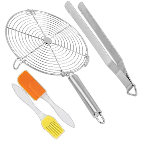 NOHUNT Stainless Steel Round Roaster and Chimta (Tong) with Butter Brush and Spatula Kitchen Tool Set of 4 - Image 1