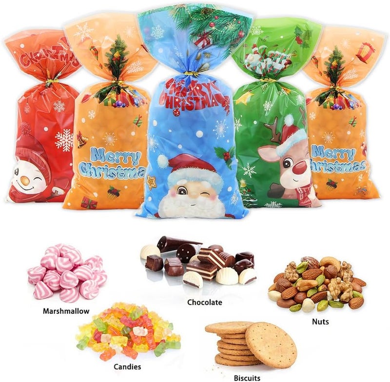 Winterworm 50 PCS Colorful Christmas Cellophane Treat Bags with Twist TiesSanta Snowman Elk Christmas Tree Gift Bags Kids Goodie Candy Bags Cookie Chocolate Snack Packing Bag for Christmas Party Favor - Image 3