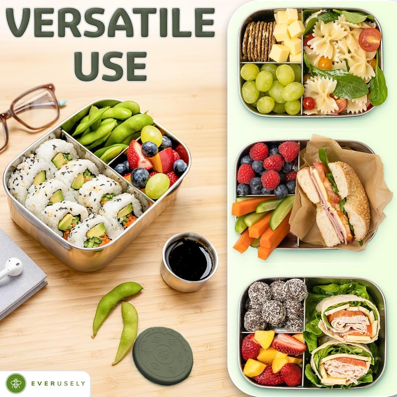 Everusely إيفيروسيلي - صندوق بنتو - لون المريمية، 27 أونصة / 0.8 لتر - صندوق غداء من الفولاذ المقاوم للصدأ مع حاوية توابل محكمة الإغلاق - حاوية وجبات خفيفة بثلاثة أقسام - آمن للتجميد وغسالة الصحون - Image 5