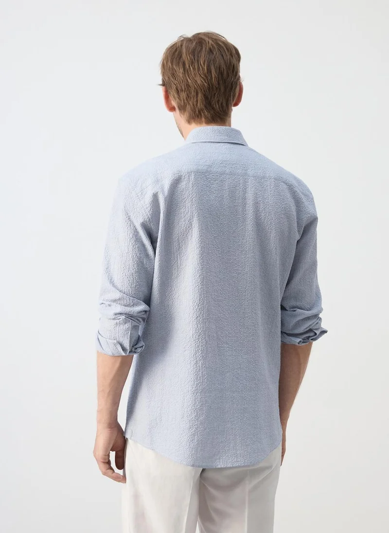 Mango Man Textured Striped Seersucker Shirt