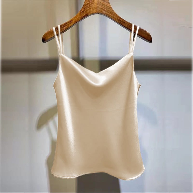 Elegant High-end Lace Camisole Womens Spring and Summer Loose Fashionable Silk Satin Sleeveless V-neck Top Champagne color