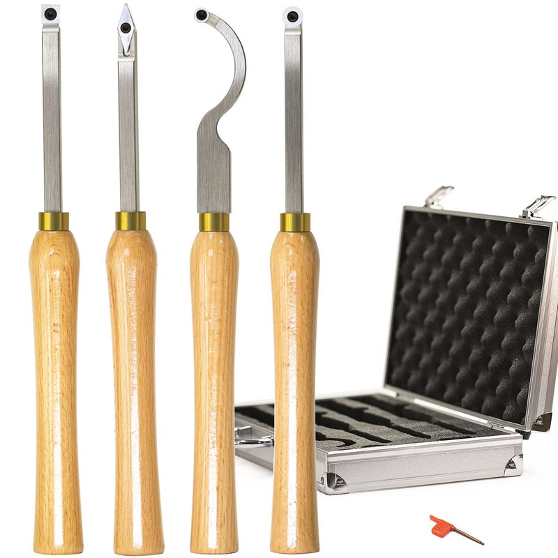 مجموعة أدوات تحويل الخشب المصنوعة من كربيد 4 قطع مع مقبض خشبي وقطع كربيد مستديرة ومربعة