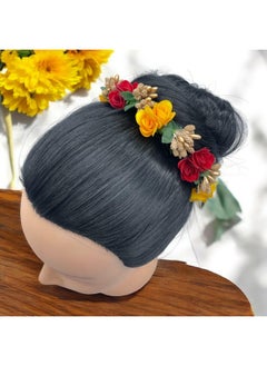 ماهل Maahal™ ملحقات كعكة الزفاف على شكل زهرة الشعر Gajra لحفلات الزفاف، زينة Juda Gajra باللونين الأحمر والذهبي  - Image 2