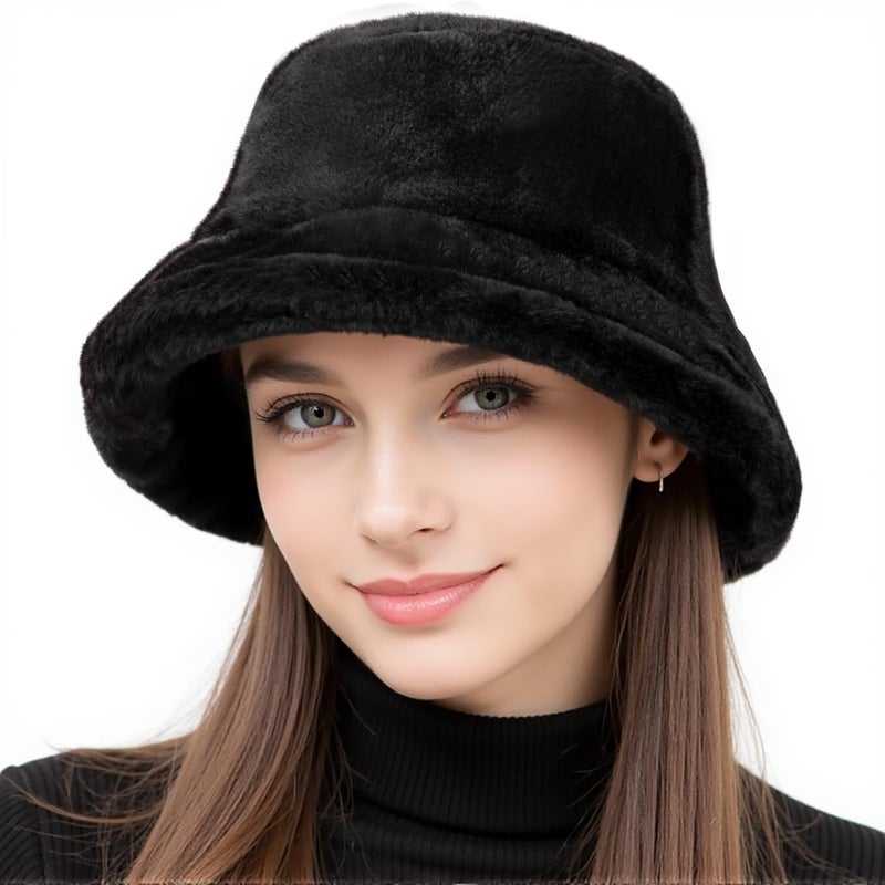 HONGTEYA Winter Bucket Hat Fluffy Faux Fur Fisherman Cap for Women Men Solid Color Style (Faux Fur, Black) - Image 1