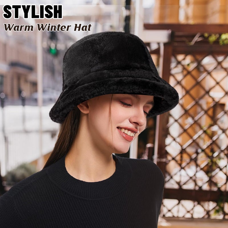 HONGTEYA Winter Bucket Hat Fluffy Faux Fur Fisherman Cap for Women Men Solid Color Style (Faux Fur, Black) - Image 4