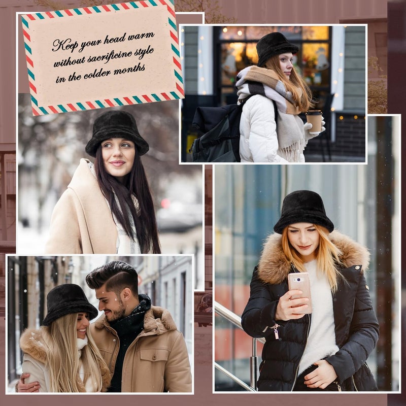 HONGTEYA Winter Bucket Hat Fluffy Faux Fur Fisherman Cap for Women Men Solid Color Style (Faux Fur, Black) - Image 5