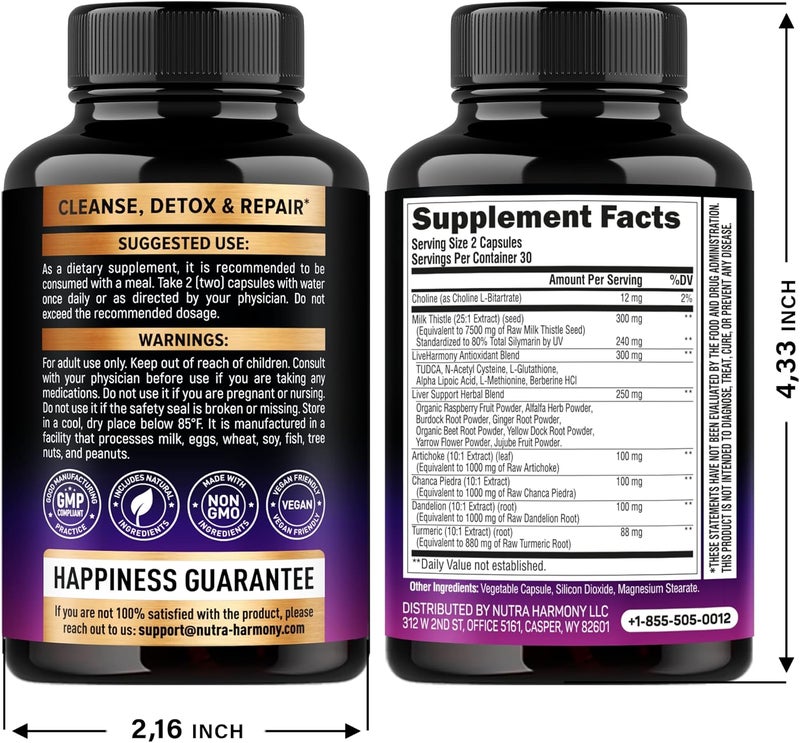 NUTRAHARMONY Liver Cleanse Detox  Repair  Milk Thistle  Dandelion  Artichoke  TUDCA  Glutathione  NAC  Effective Liver Health Supplement  80 Silymarin  Laboratory Tested Vegan  Made in USA 60 Capsules - Image 2