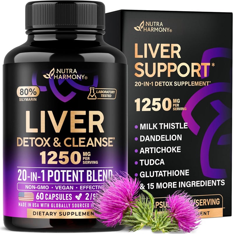 NUTRAHARMONY Liver Cleanse Detox  Repair  Milk Thistle  Dandelion  Artichoke  TUDCA  Glutathione  NAC  Effective Liver Health Supplement  80 Silymarin  Laboratory Tested Vegan  Made in USA 60 Capsules - Image 1