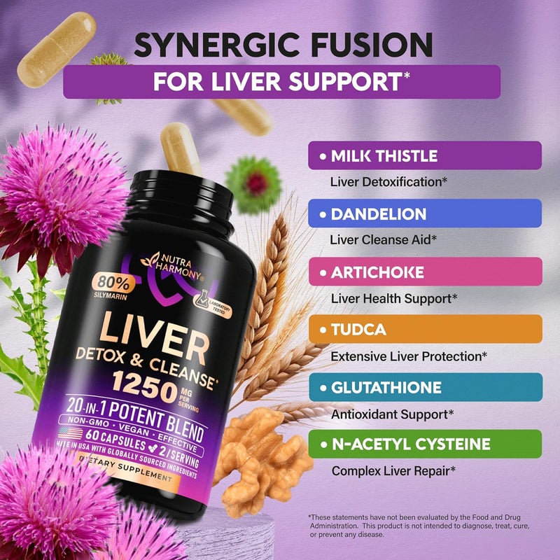 NUTRAHARMONY Liver Cleanse Detox  Repair  Milk Thistle  Dandelion  Artichoke  TUDCA  Glutathione  NAC  Effective Liver Health Supplement  80 Silymarin  Laboratory Tested Vegan  Made in USA 60 Capsules - Image 5