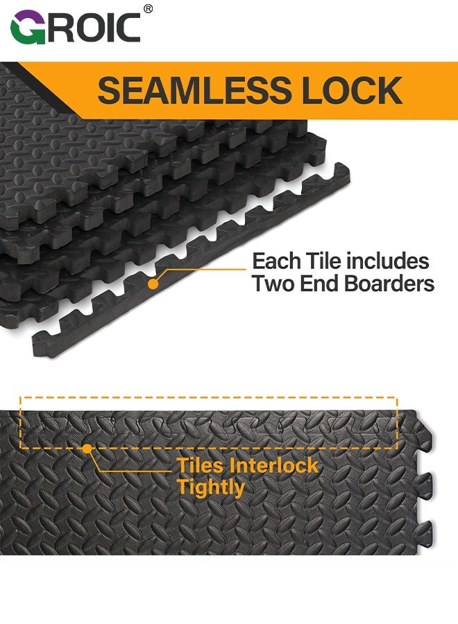 GROIC سجادة تمارين أرضية 16 قطعة، سجادات فوم EVA مع بلاط أرضي متداخل، سجادة جيم فوم 12'' x 12''، سجادات أرضية واقية متداخلة للاستخدام المنزلي ومعدات الجيم (أسود) - Image 3