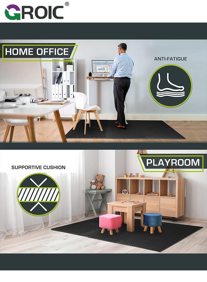 GROIC سجادة تمارين أرضية 16 قطعة، سجادات فوم EVA مع بلاط أرضي متداخل، سجادة جيم فوم 12'' x 12''، سجادات أرضية واقية متداخلة للاستخدام المنزلي ومعدات الجيم (أسود) - Image 5