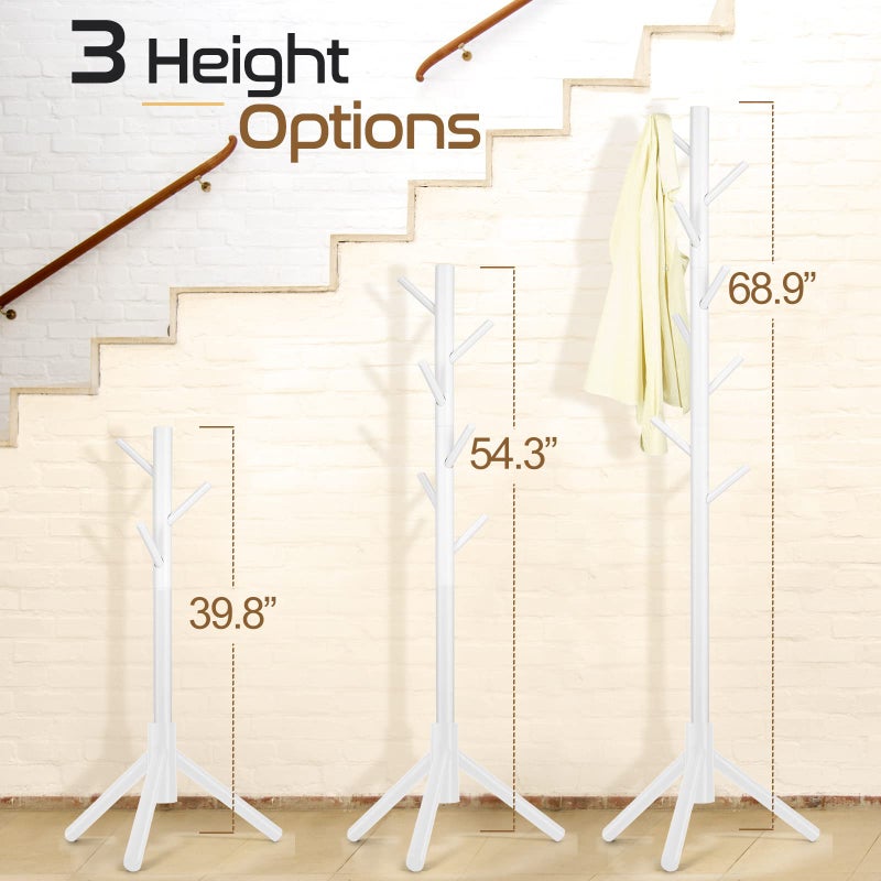Freyawin Solid Wooden Coat Rack Freestanding, New Zealand Pine Coat Tree with 8 Hooks & 3 Adjustable Sizes for Coats, Hats, Handbags and Scarves, Space Saving for Entryway/Office/Bedroom (White) - Image 4