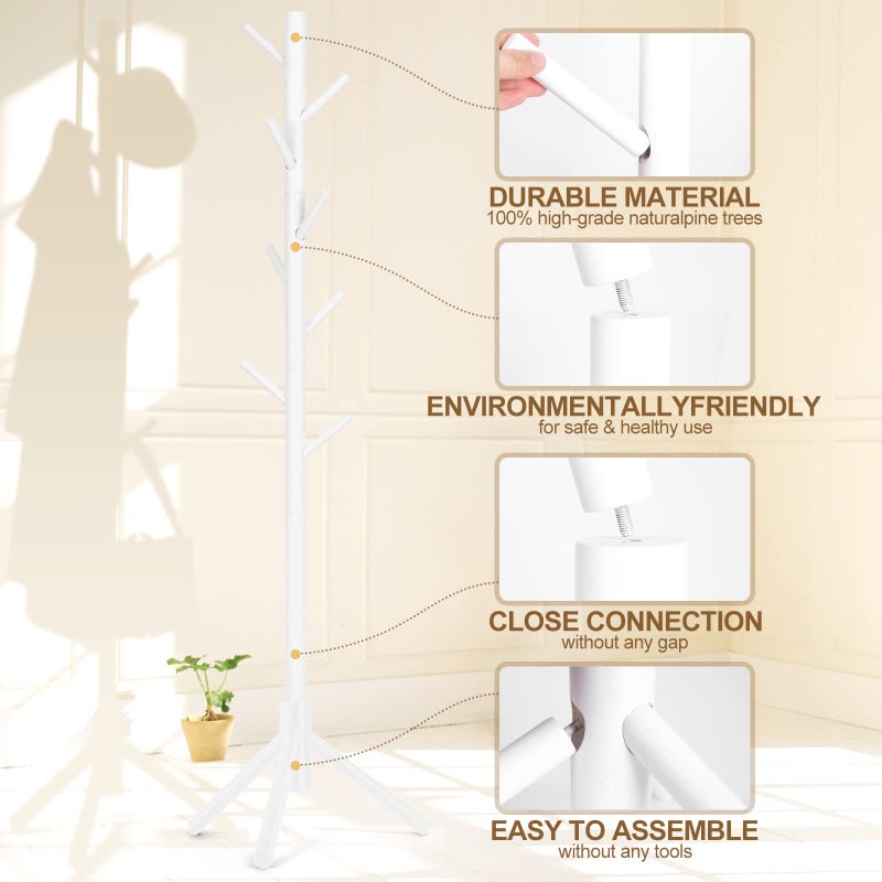 Freyawin Solid Wooden Coat Rack Freestanding, New Zealand Pine Coat Tree with 8 Hooks & 3 Adjustable Sizes for Coats, Hats, Handbags and Scarves, Space Saving for Entryway/Office/Bedroom (White) - Image 2