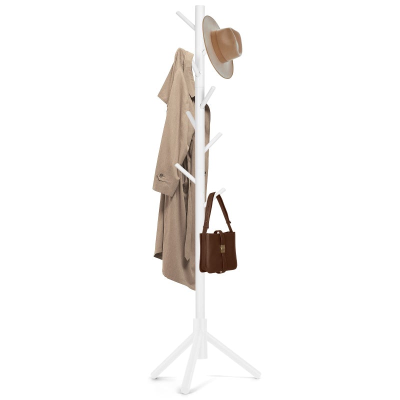 Freyawin Solid Wooden Coat Rack Freestanding, New Zealand Pine Coat Tree with 8 Hooks & 3 Adjustable Sizes for Coats, Hats, Handbags and Scarves, Space Saving for Entryway/Office/Bedroom (White) - Image 1