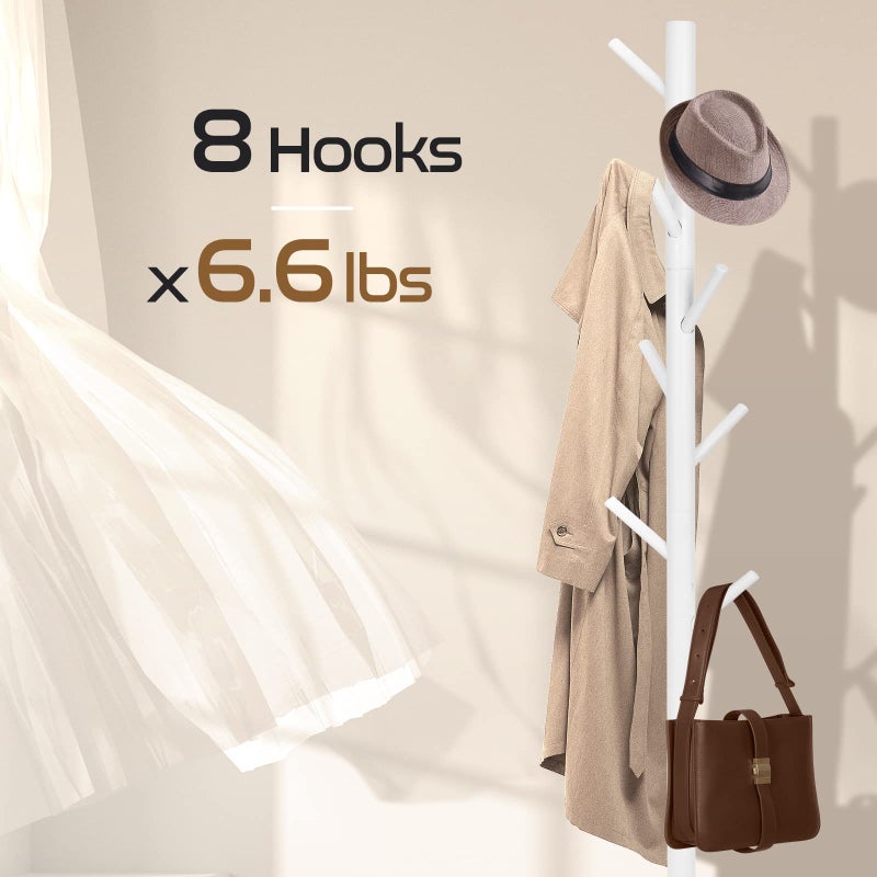 Freyawin Solid Wooden Coat Rack Freestanding, New Zealand Pine Coat Tree with 8 Hooks & 3 Adjustable Sizes for Coats, Hats, Handbags and Scarves, Space Saving for Entryway/Office/Bedroom (White) - Image 3