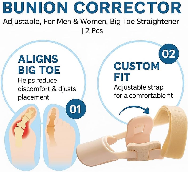 Fitto Bunion Corrector, Adjustable, For Men & Women, Big Toe Straightener, 2 Pcs - Image 2