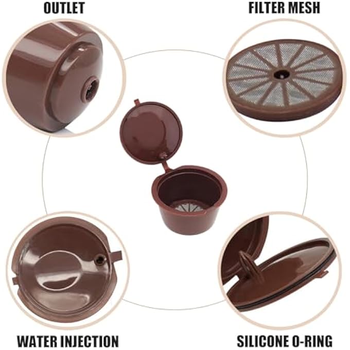 HIHIDAY Reusable Coffee Capsules For Dolce Gusto MachinesReusable Refillable Pods 6 Pcs BpaFree Filter Cups With 2 Plastic Spoon And 2 Cleaning BrushFor Mini Me Piccolo And More Brown - Image 2
