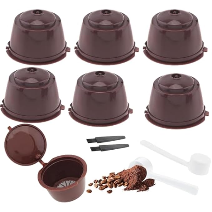 HIHIDAY Reusable Coffee Capsules For Dolce Gusto MachinesReusable Refillable Pods 6 Pcs BpaFree Filter Cups With 2 Plastic Spoon And 2 Cleaning BrushFor Mini Me Piccolo And More Brown - Image 1