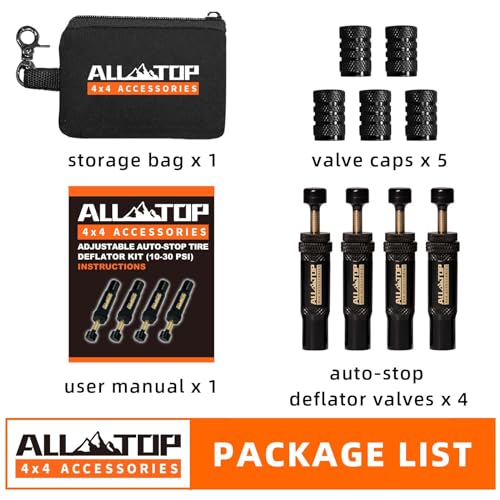 ALL-TOP Adjustable Auto-Stop Tire Deflator Valve Kit (10-30 PSI) 4 PCS Screw-on Tyre Air Down Tool for Offroad 4x4 (with 5 Valve caps) - Image 3
