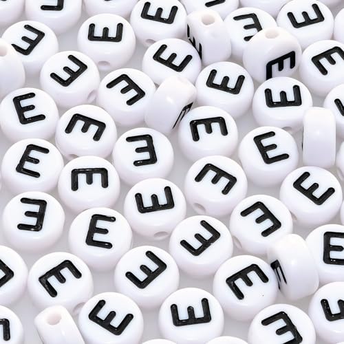 Looconi Amaney Vowel Letter Beads E 100pcs 7×4mm White Round Acrylic Black Alphabet for Jewelry Making - Image 1