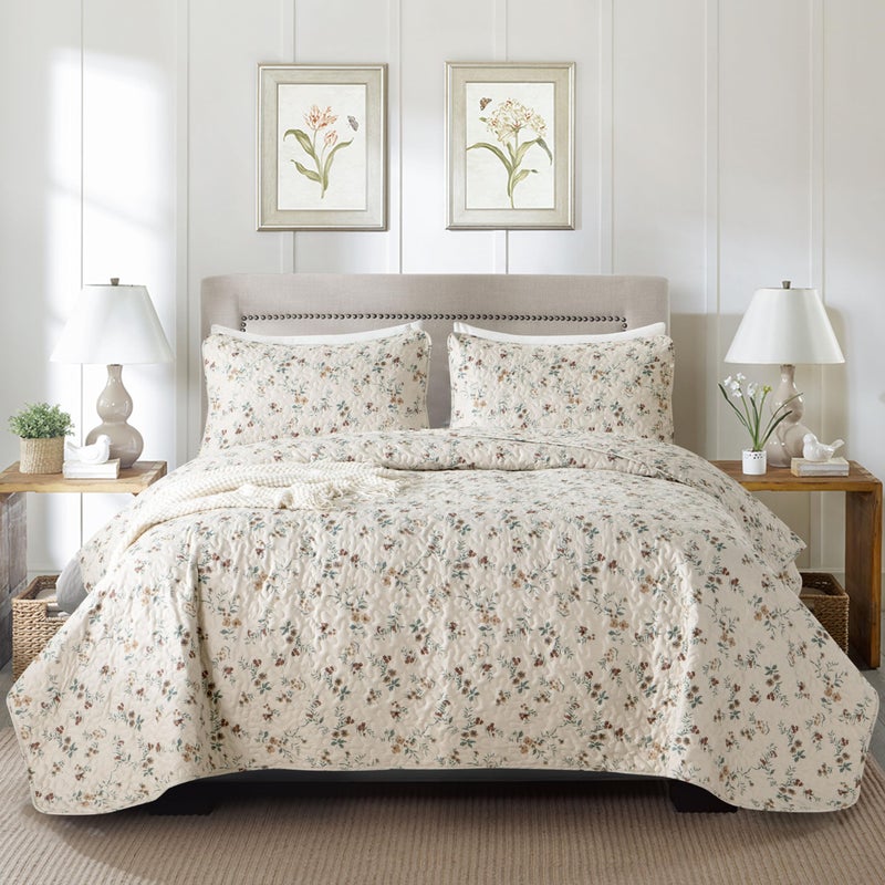 TISPLR Floral Quilt Queen Size 3 Pieces Soft Microfiber Lightweight Bedspread Bedding Set Queen Garden Style Vintage Botanical Flowers Quilt Set for All Seasons - Image 1