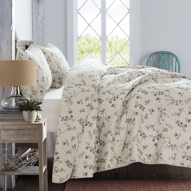 TISPLR Floral Quilt Queen Size 3 Pieces Soft Microfiber Lightweight Bedspread Bedding Set Queen Garden Style Vintage Botanical Flowers Quilt Set for All Seasons - Image 2