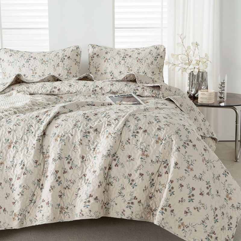 TISPLR Floral Quilt Queen Size 3 Pieces Soft Microfiber Lightweight Bedspread Bedding Set Queen Garden Style Vintage Botanical Flowers Quilt Set for All Seasons - Image 3
