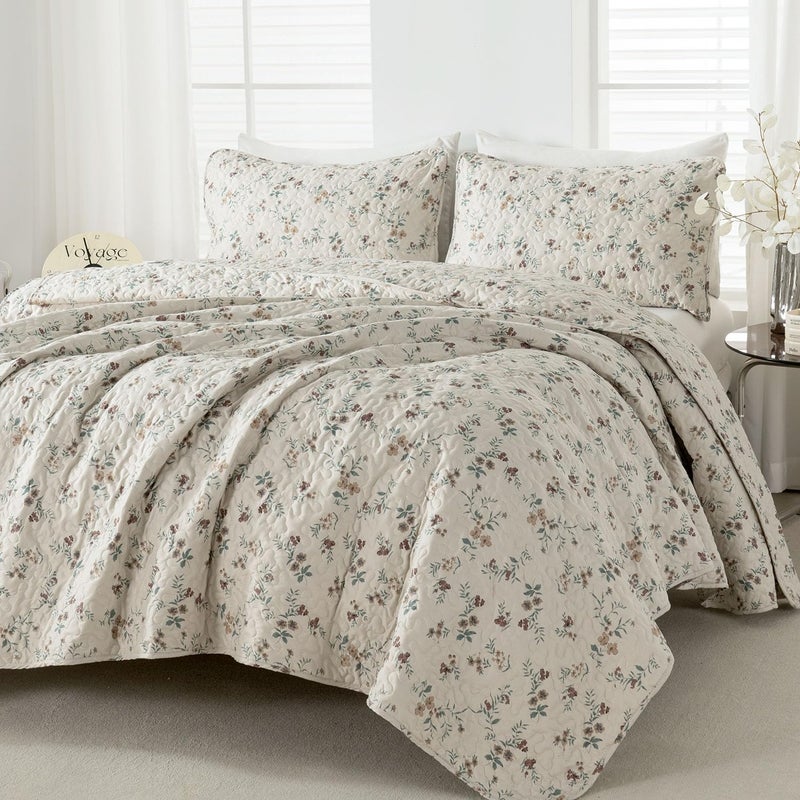 TISPLR Floral Quilt Queen Size 3 Pieces Soft Microfiber Lightweight Bedspread Bedding Set Queen Garden Style Vintage Botanical Flowers Quilt Set for All Seasons - Image 4