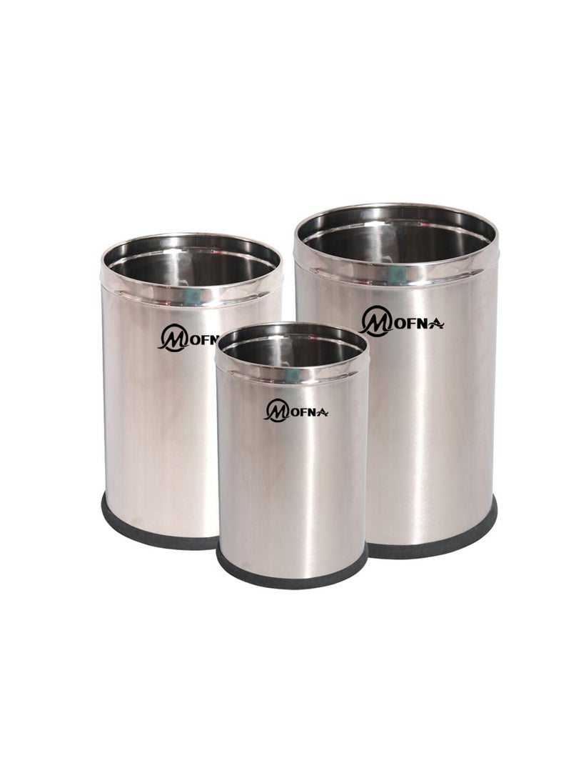 mofna Mofna Stainless Steel Plain Open DustbinStainless Steel Garbage BinSmall Medium and Large 6 Litre 7X10 11 Litre 8 X 12 18 Litre 10 X 14 Set of 3 Solid Bin  - Image 1