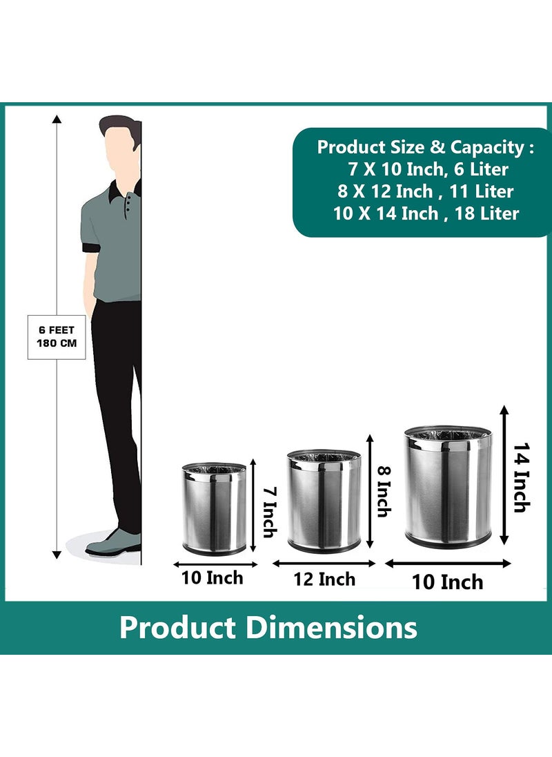 mofna Mofna Stainless Steel Plain Open DustbinStainless Steel Garbage BinSmall Medium and Large 6 Litre 7X10 11 Litre 8 X 12 18 Litre 10 X 14 Set of 3 Solid Bin  - Image 3