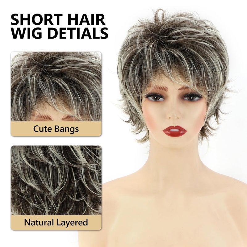 SEVENCOLORS Short Brown Mixed Blonde Wigs for White Women Layered Natural Dark Brown Pixie Wig with Highlights Synthetic Hair Womens Wigs - Image 3