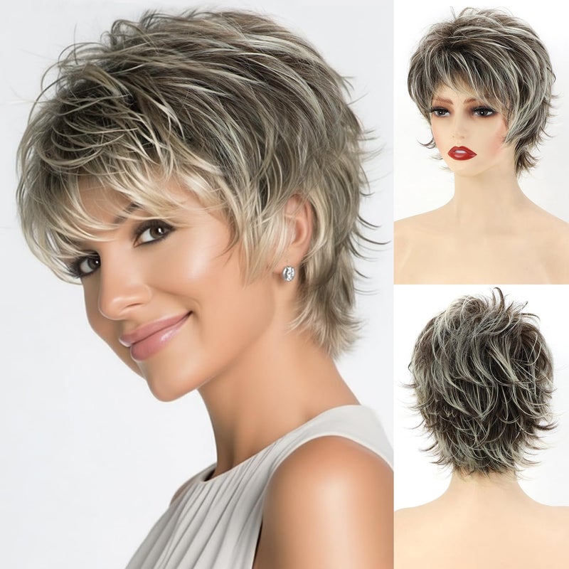 SEVENCOLORS Short Brown Mixed Blonde Wigs for White Women Layered Natural Dark Brown Pixie Wig with Highlights Synthetic Hair Womens Wigs - Image 1
