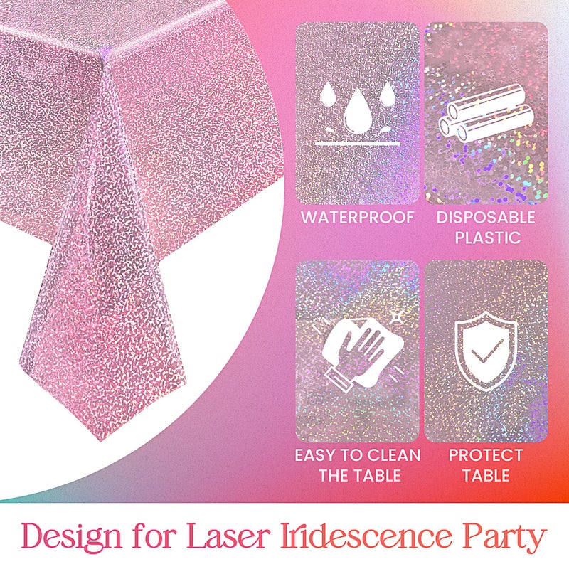 Just Shimmer Palepink & Silver Holographic Tablecloth 40"" X 108"" Hot Pink Party Decoration Valentine'S Day Birthday Party Table Decor Iridescence Plastic Table Cloth For Baby Shower Bachelorette Party Supplies - Image 5