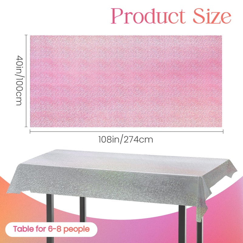 Just Shimmer Palepink & Silver Holographic Tablecloth 40"" X 108"" Hot Pink Party Decoration Valentine'S Day Birthday Party Table Decor Iridescence Plastic Table Cloth For Baby Shower Bachelorette Party Supplies - Image 2
