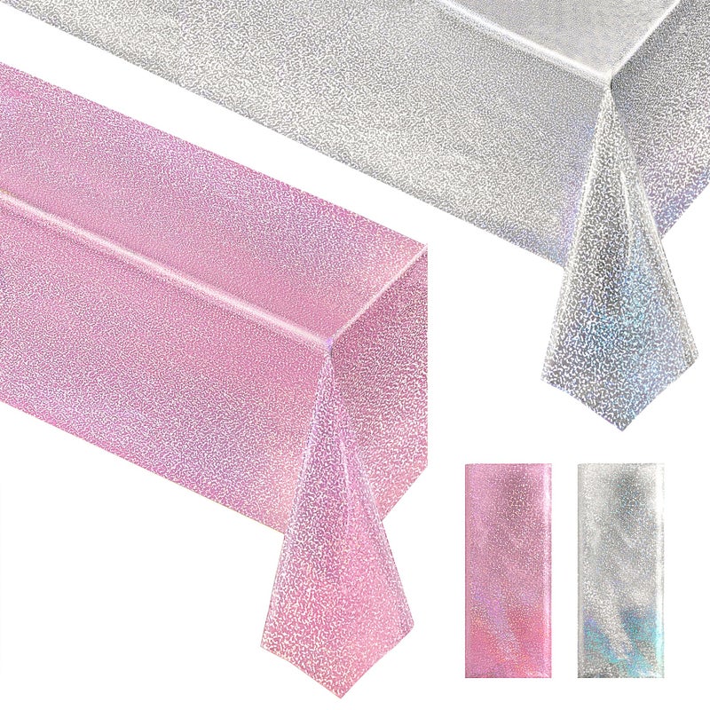 Just Shimmer Palepink & Silver Holographic Tablecloth 40"" X 108"" Hot Pink Party Decoration Valentine'S Day Birthday Party Table Decor Iridescence Plastic Table Cloth For Baby Shower Bachelorette Party Supplies - Image 1