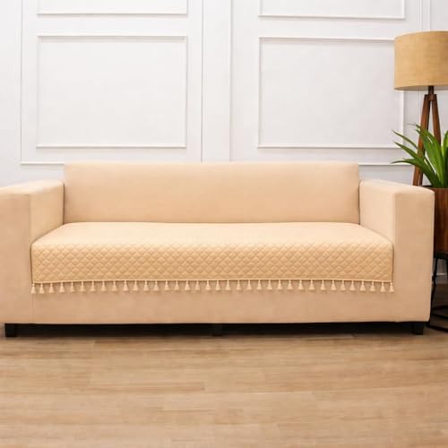 STITCHNEST 1 Seater Quilted Velvet Sofa Cover with Tassels | Elegant Beige Sofa Protector for Living Room | Soft, Washable | Perfect for Enhancing Living Room Interiors - Image 2