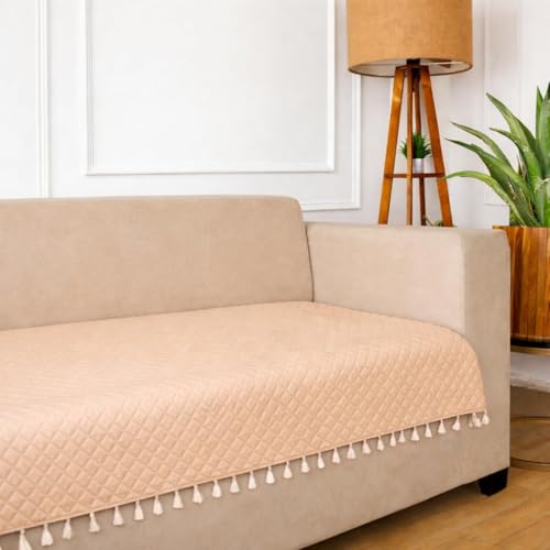 STITCHNEST 1 Seater Quilted Velvet Sofa Cover with Tassels | Elegant Beige Sofa Protector for Living Room | Soft, Washable | Perfect for Enhancing Living Room Interiors - Image 1