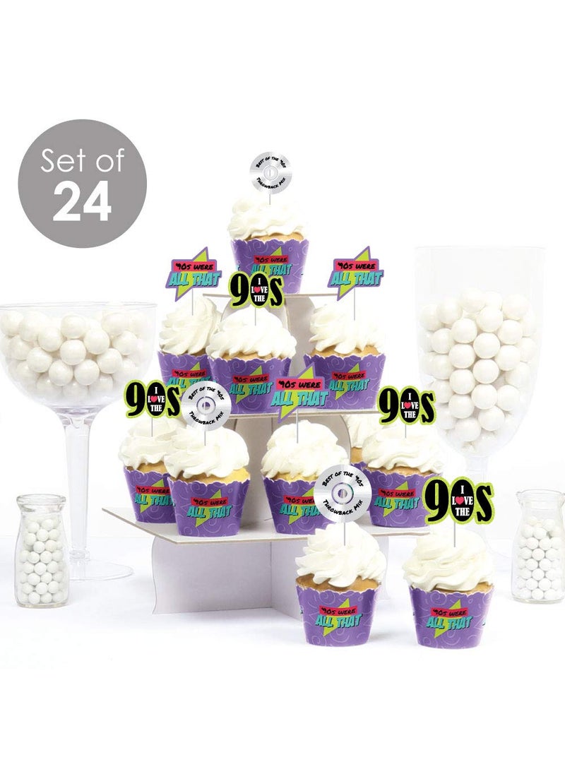 Big Dot of Happiness Big Dot of Happiness 90's Throwback - Cupcake Decoration - 1990s Party Wrappers and Treat Picks Kit - Set of 24  - Image 2