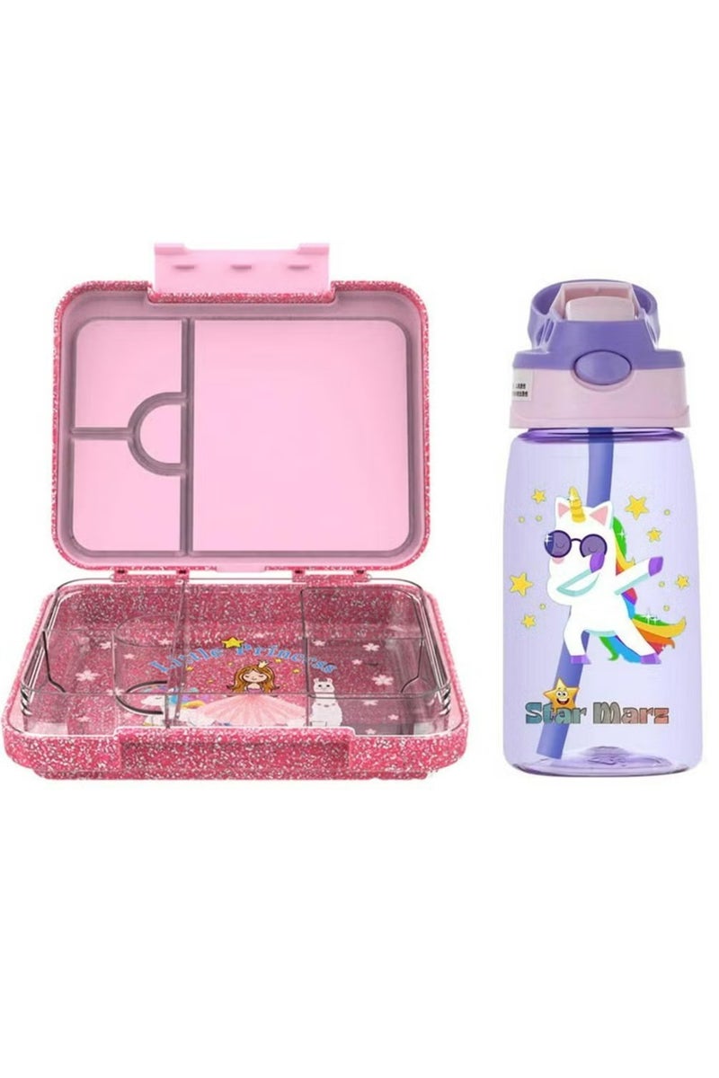 Starmarz StarMarz - Little Princes Pink Bento Glitter Lunch Box with Plastic Water Bottle Dancing Unicorn (480ml) - Purple - Image 1