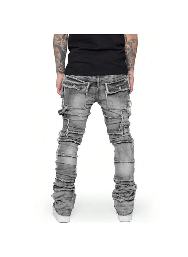 HBER Stretch Stacked Jeans Mens Slim Fit Ripped Cargo Jeans Distressed Straight Leg Hip Hop Trousers with Pockets Grey - Image 4